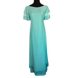 Vintage 60s Emma Domb California Blue Cotton Gabardine Formal Gown Evening Dress
